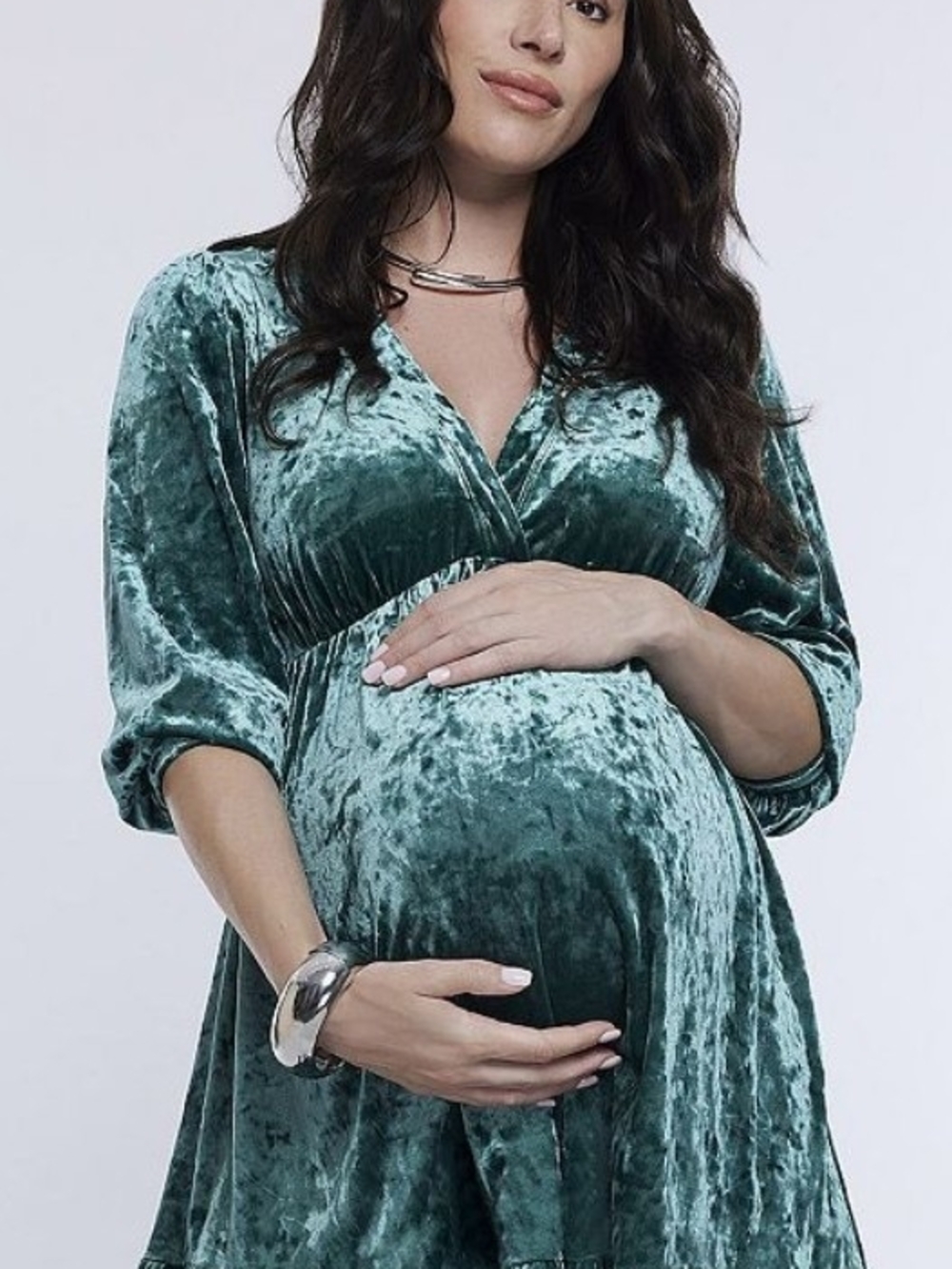 Motherhood Velvet Empire-Waist Maternity Dress in Teal